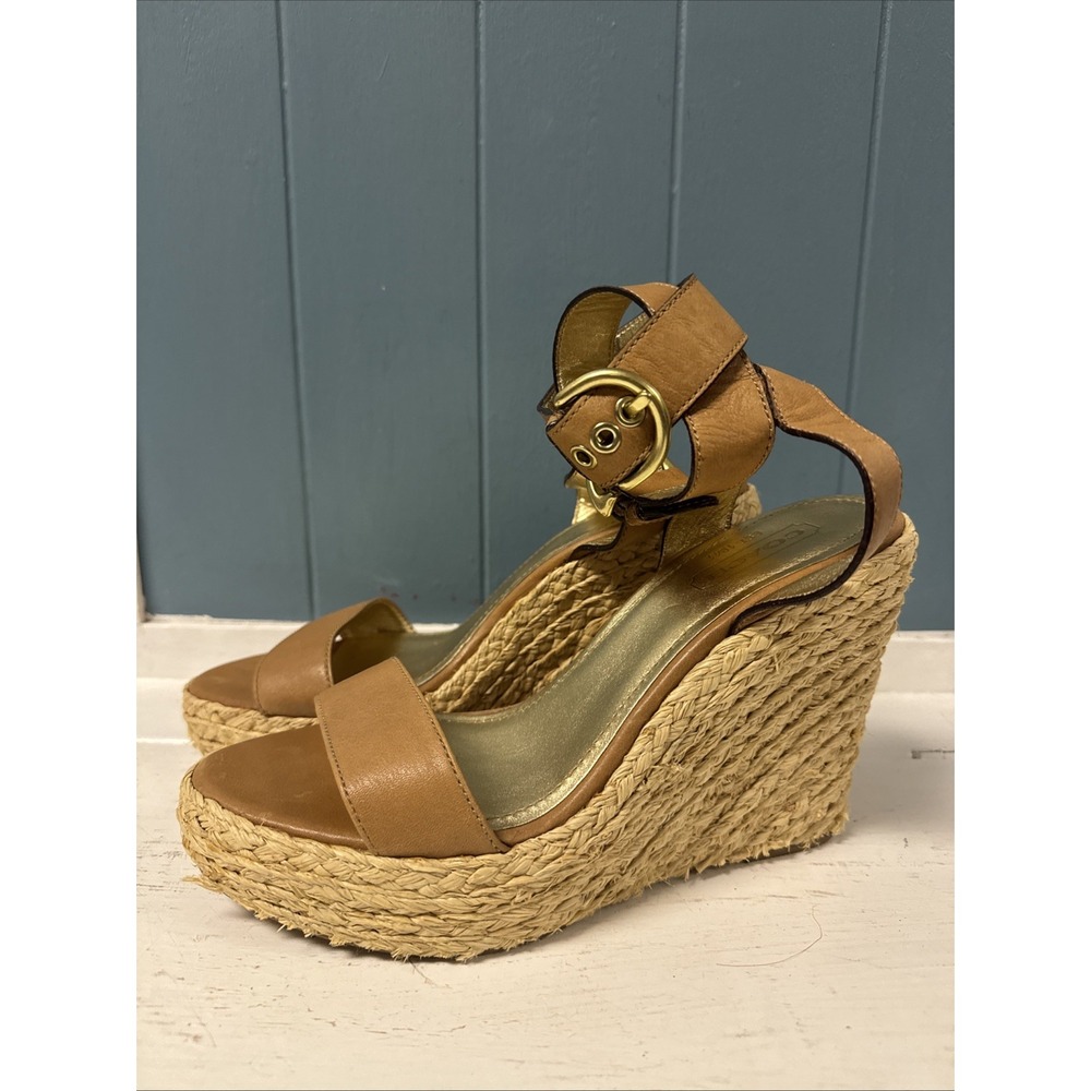 Coach Women's Size 8.5 Tan Leather Espadrille Straw Wedge Platform - Picture 1 of 11